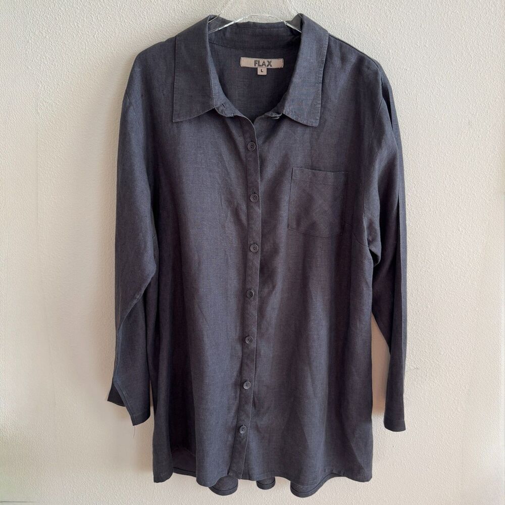 Flax Crossroads Linen Long Sleeve Button Down Shirt Sz L Lagenlook Dark Gray